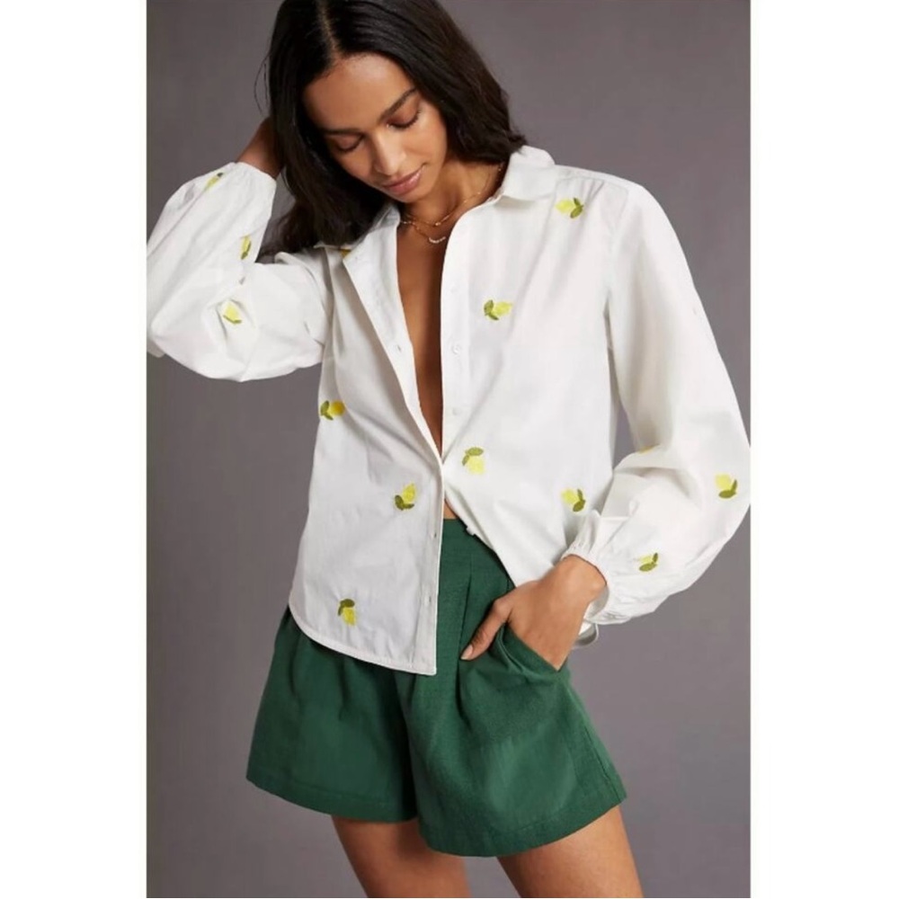 Anthropologie Embroidered Lemon Button Down Top